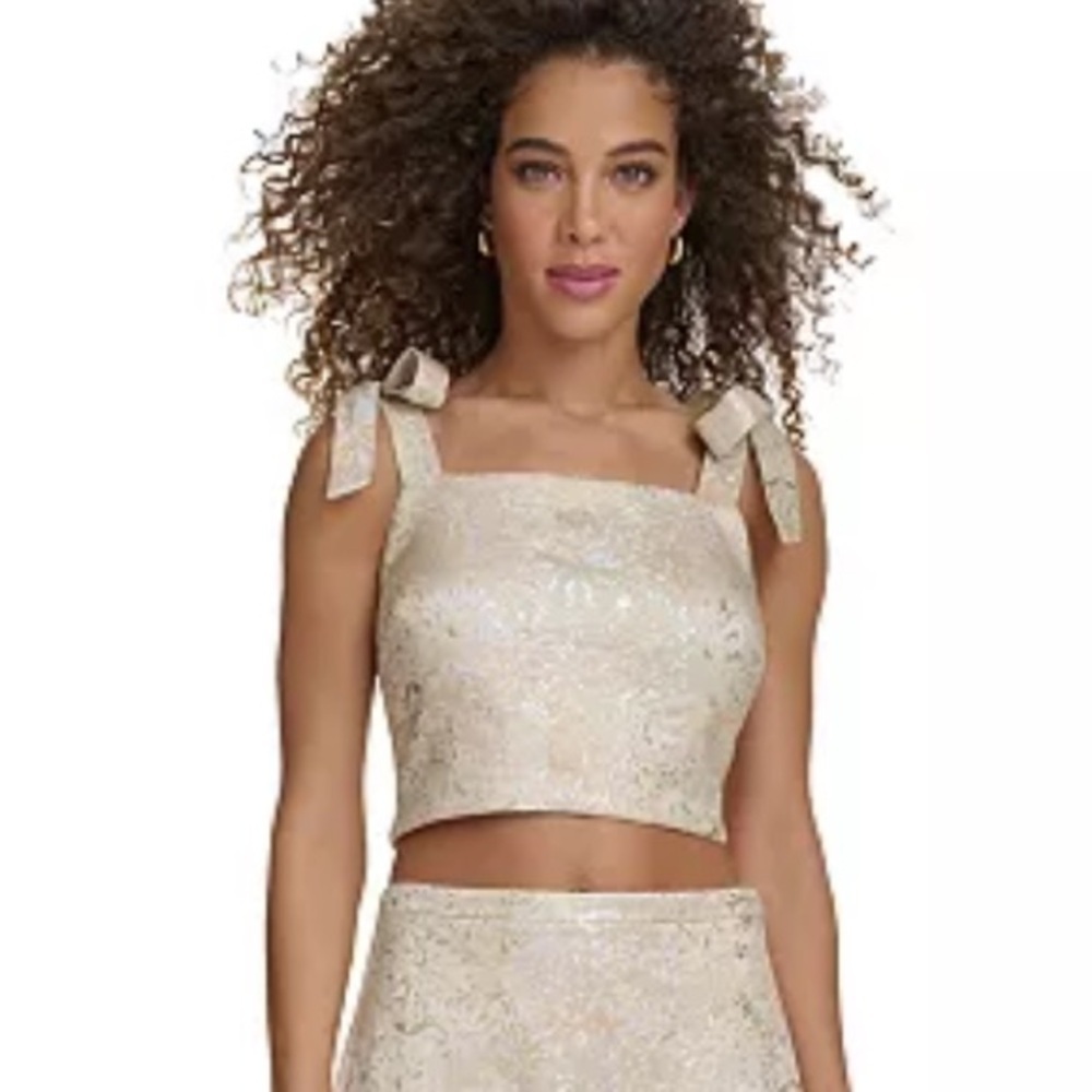 Kenzie jacquard metallic tie shoulder bra top